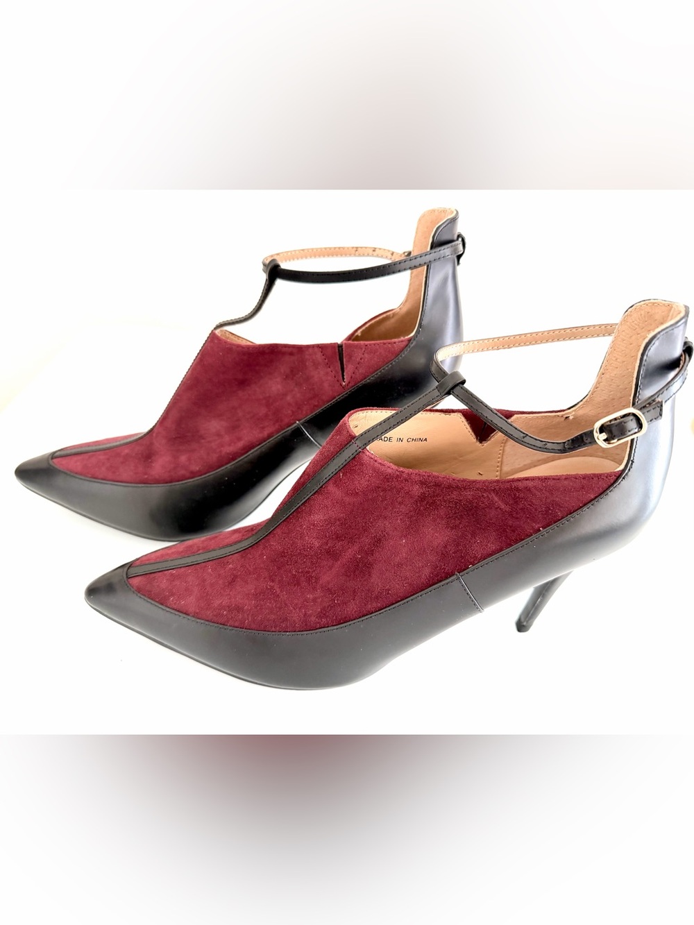Banana Republic Burgundy Suede and Black T-Strap Pointed Heel